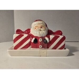 Joy Christmas Santa And Presents Butter Dish Stripe Red White Dinner Jolly